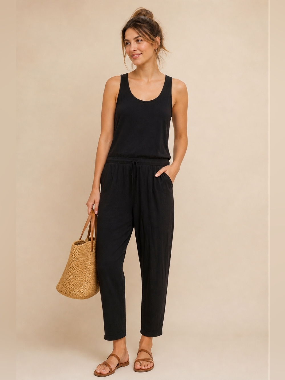 ATM Anthony Thomas Melillo Black 100% Cotton Elastic-Waist Jumpsuit Sz XS